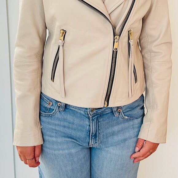 All Saints Dalby Cropped Leather Biker Jacket in Ivory White - size US 4 UK 8 - Picture 6 of 7